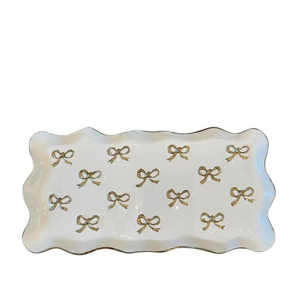 Gold Bow Enameled Rectangular Metal Serving Tray 16x7.5 Scalloped Made in India - Picture 1 of 15